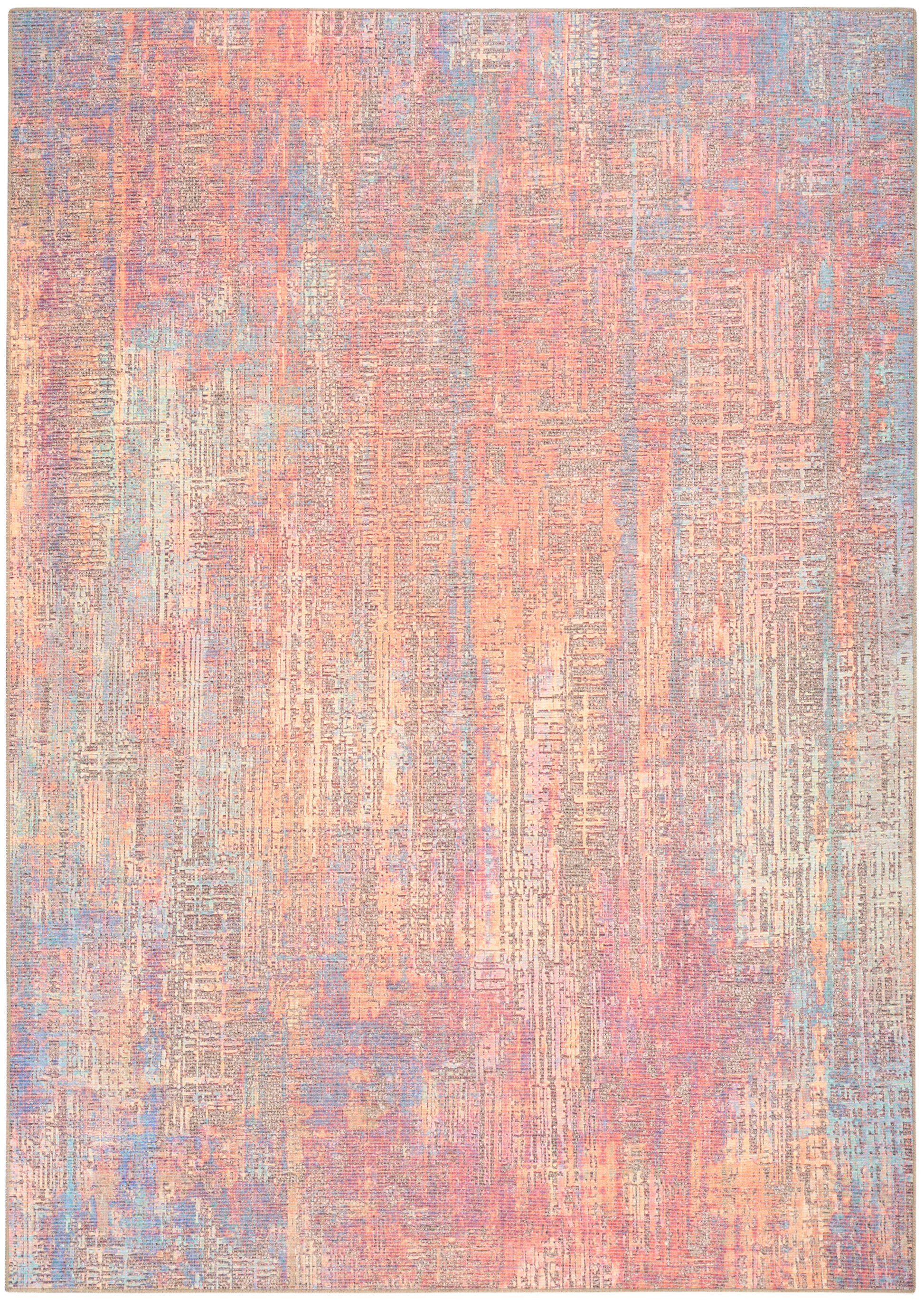 Pastel abstract area rug with peach, pink, lavender, blue and beige; distressed woven look, rectangular living-room rug.