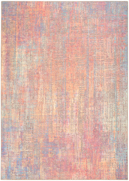 Pastel abstract area rug with peach, pink, lavender, blue and beige; distressed woven look, rectangular living-room rug.