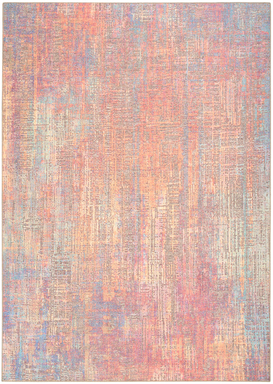 Pastel abstract area rug with peach, pink, lavender, blue and beige; distressed woven look, rectangular living-room rug.