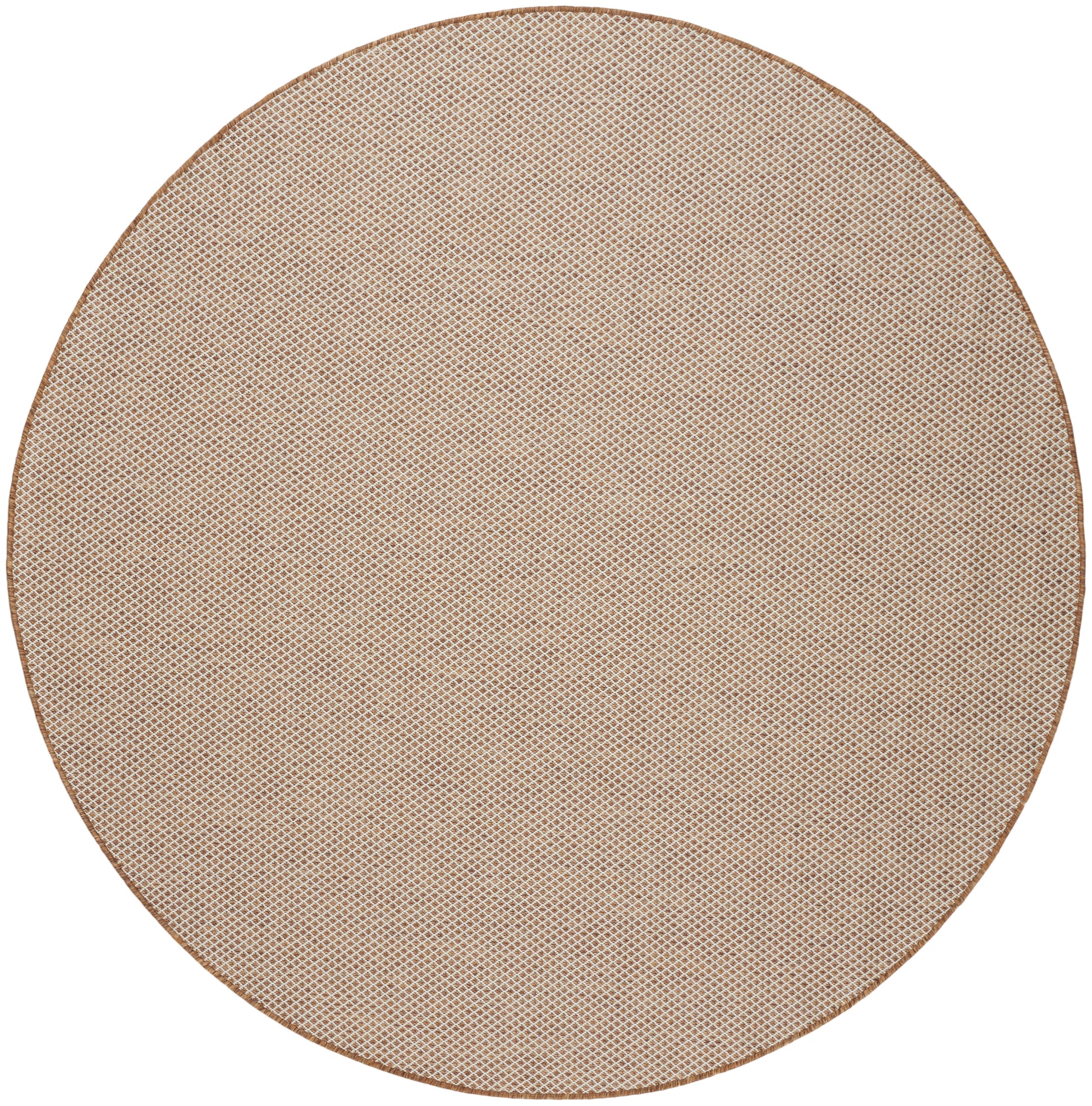 Round beige rug with a brown rim.