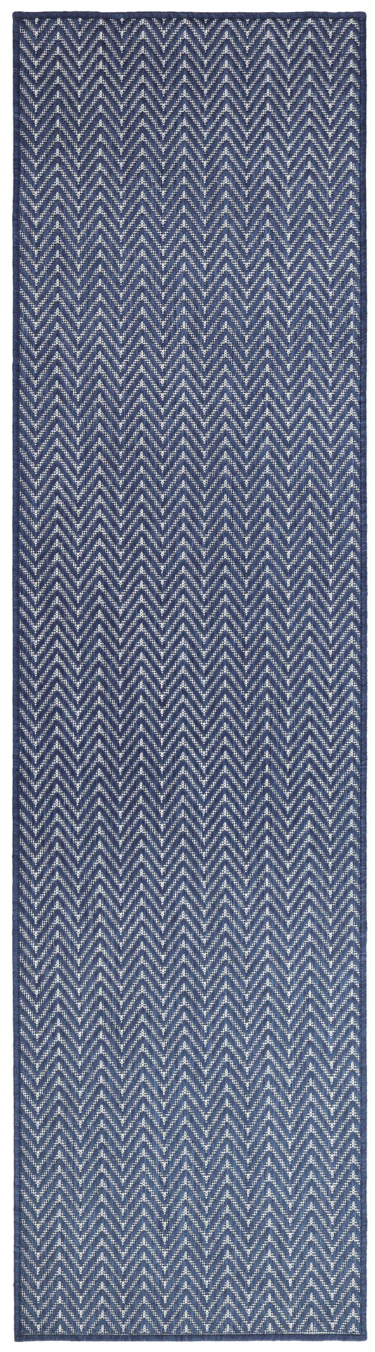 Navy blue woven runner rug with white chevron zigzag pattern and blue border.
