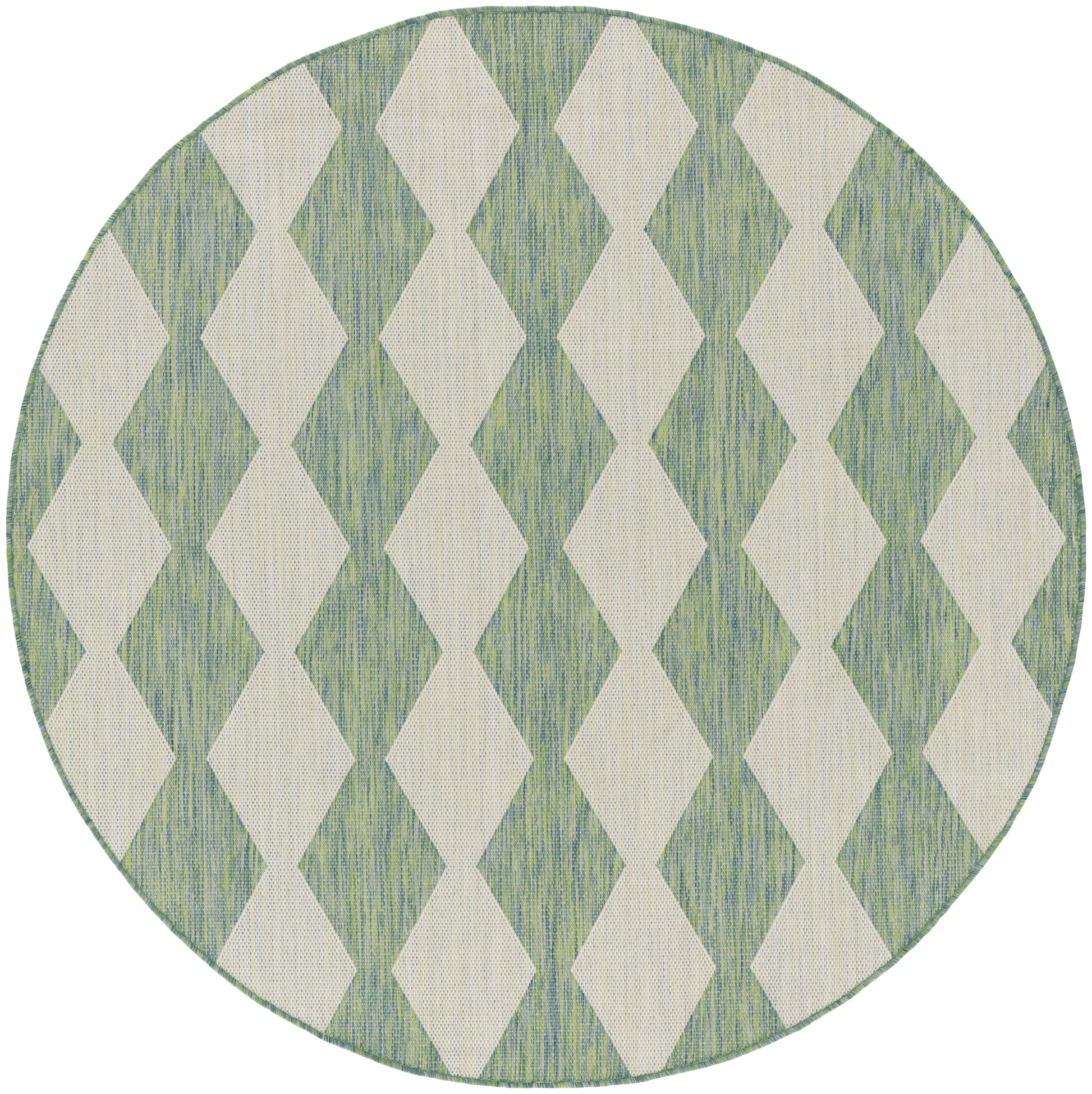 Round rug with beige diamonds on a green textured background and a thin green border.