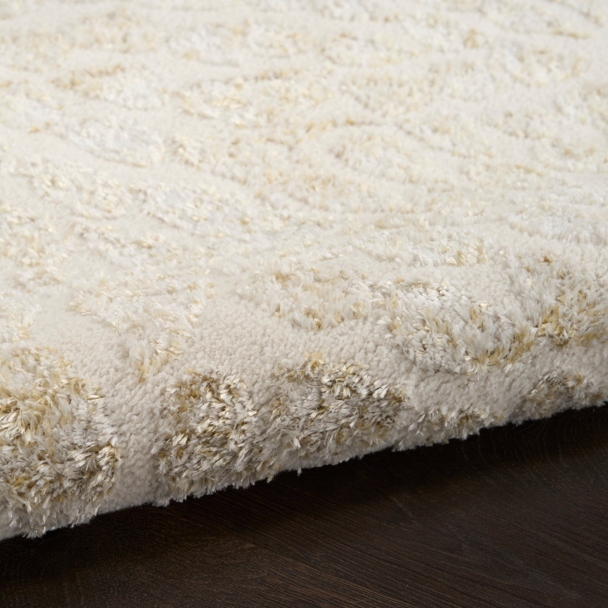 Cream shag rug with plush high-pile texture and subtle pattern on dark wood floor.