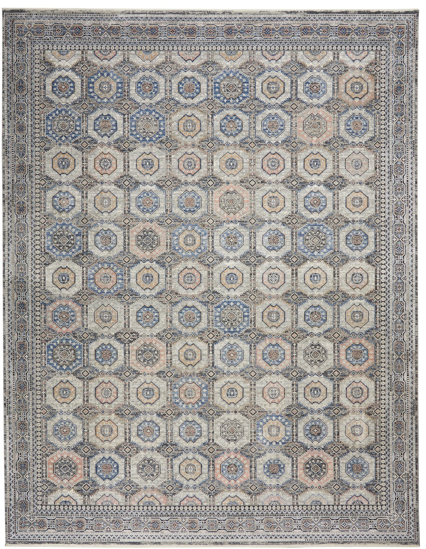 Geometric oriental rug in blue, beige and ivory with octagonal medallions and a multi-border frame.