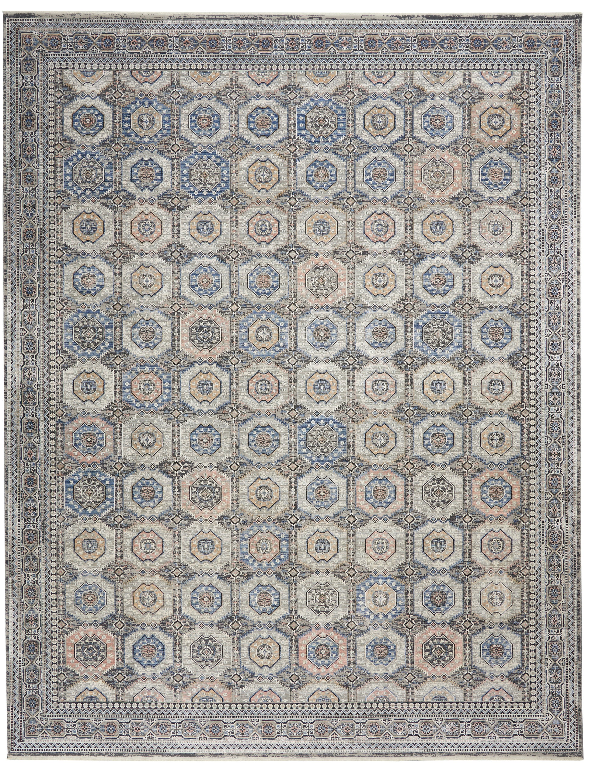 Geometric oriental rug in blue, beige and ivory with octagonal medallions and a multi-border frame.