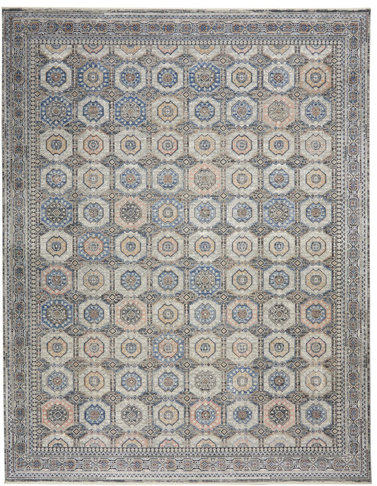 Geometric oriental rug in blue, beige and ivory with octagonal medallions and a multi-border frame.