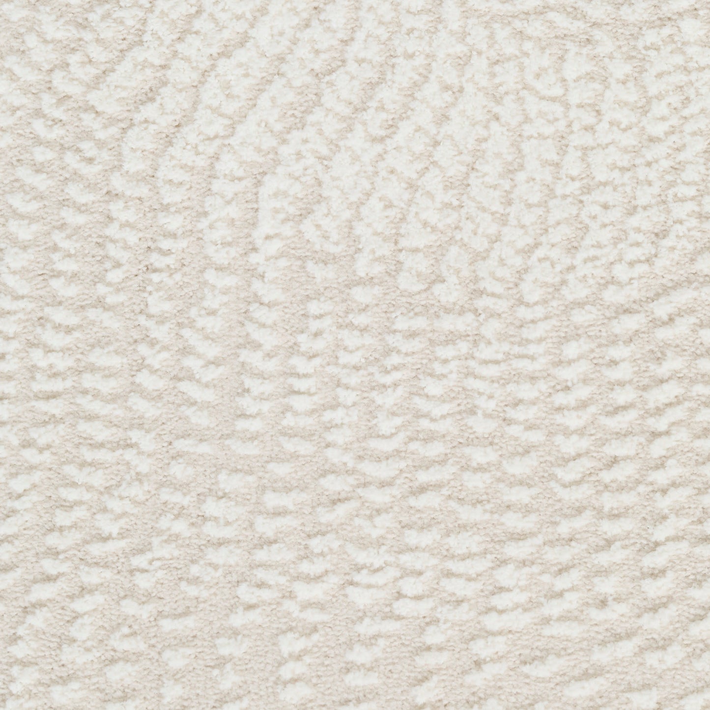 Close-up of light beige textured fabric with soft, boucle-like loops and fuzzy surface.
