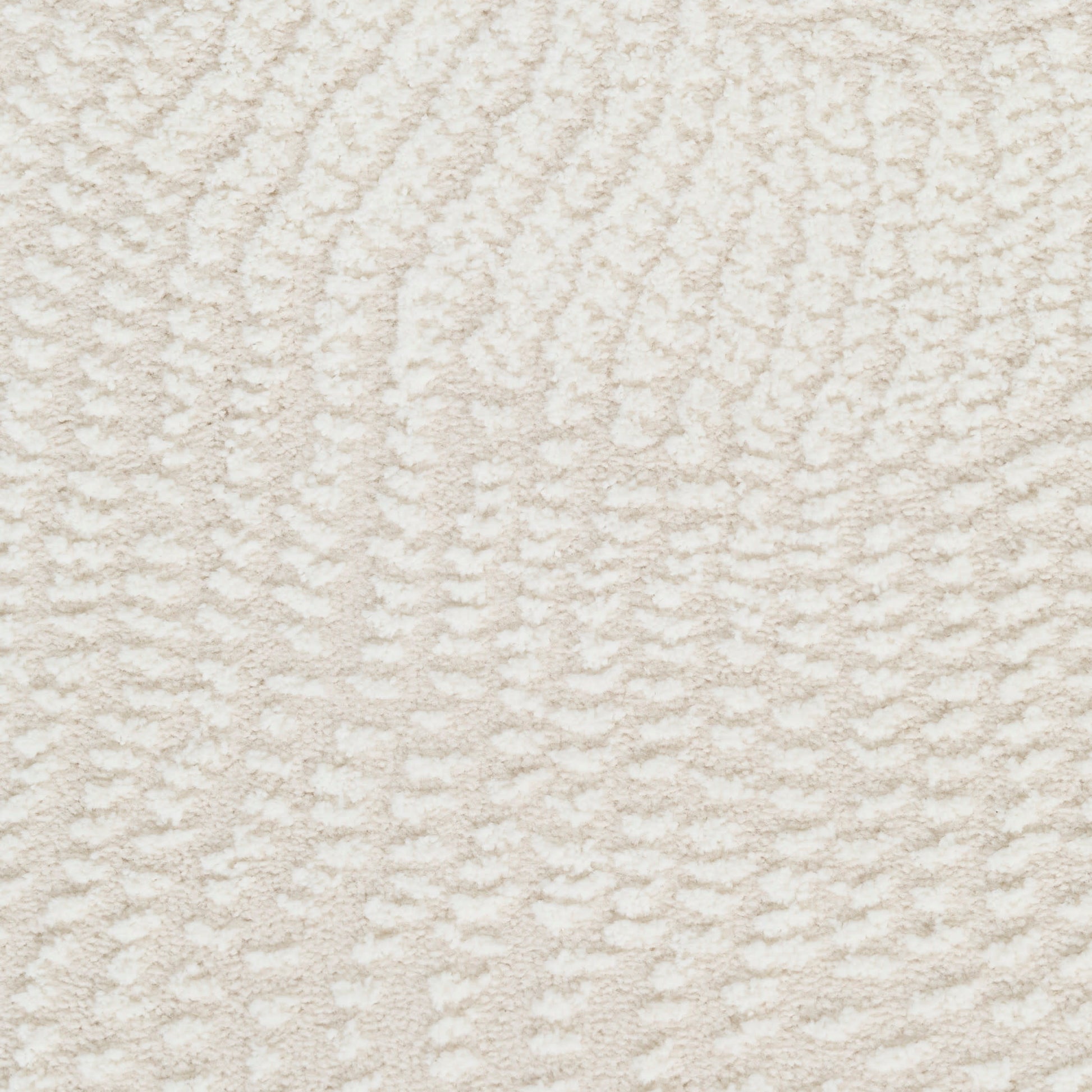 Close-up of light beige textured fabric with soft, boucle-like loops and fuzzy surface.