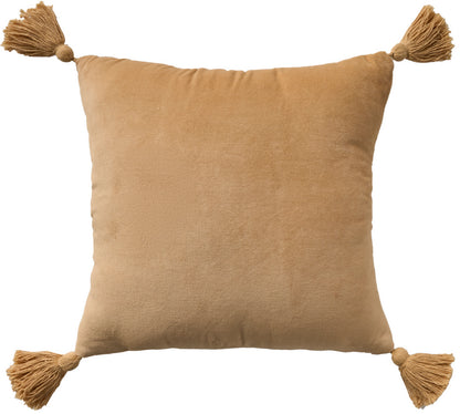 Pink velvet square throw pillow with tassels on each corner, 18 x 18 inches, decorative sofa accent.