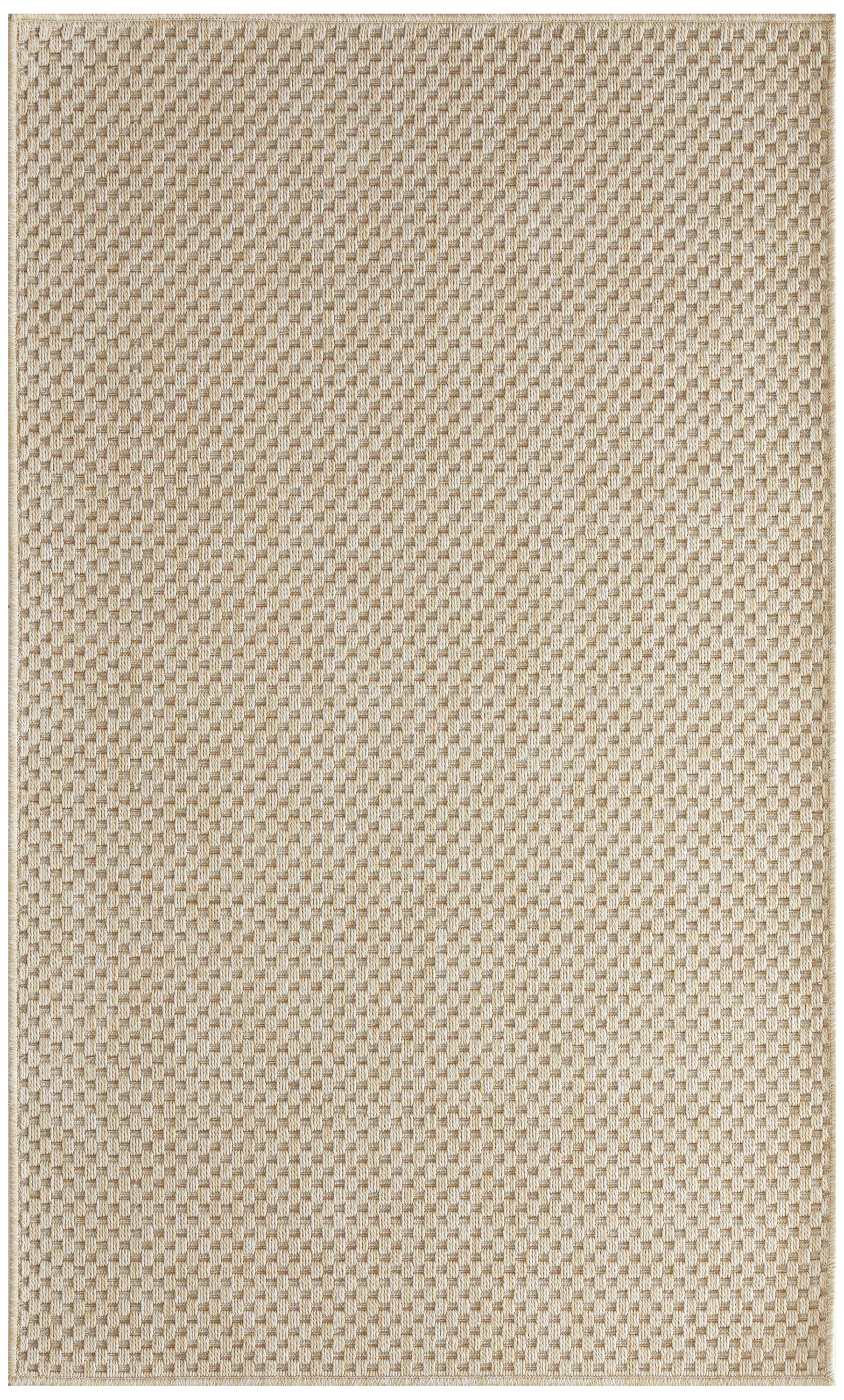 Beige outdoor woven jute rug, rectangular, natural fiber with subtle checkerboard texture.