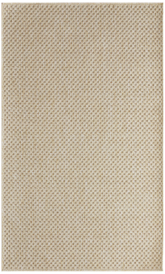 Beige outdoor woven jute rug, rectangular, natural fiber with subtle checkerboard texture.
