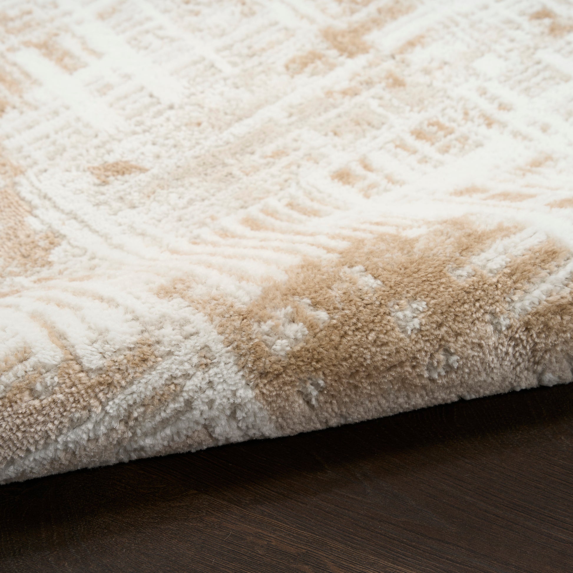 Beige and ivory plush area rug with a subtle geometric pattern, thick shag pile on dark wood floor.