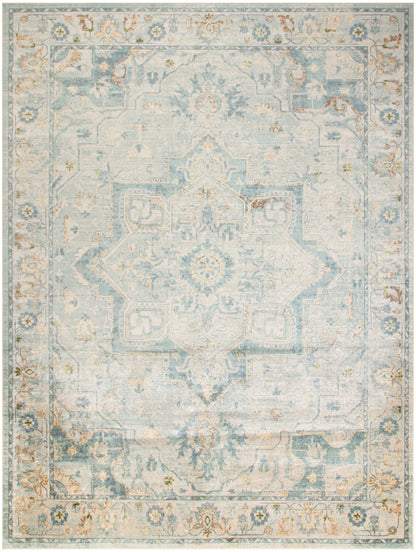 Rectangular distressed ivory-blue oriental area rug with central medallion and faded border; vintage-inspired decor.