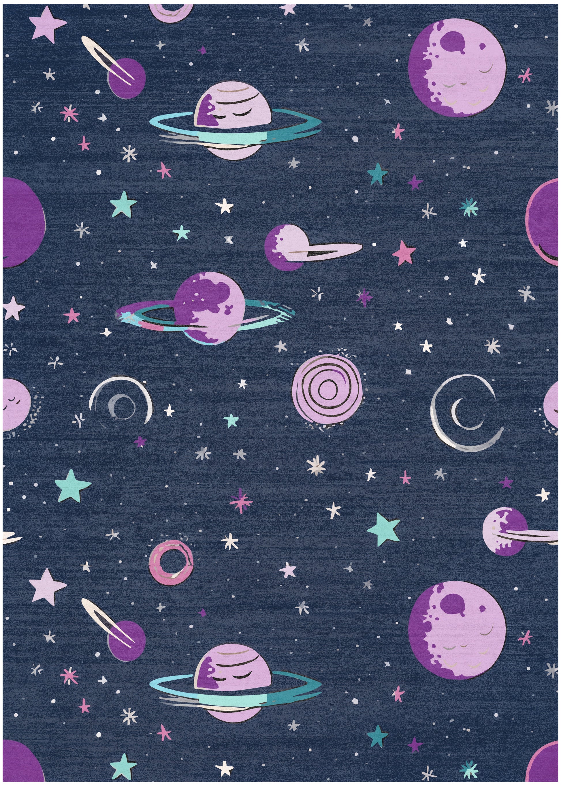 Dark blue space print with pastel pink-purple ringed planets, crescent moons, and multicolored stars.