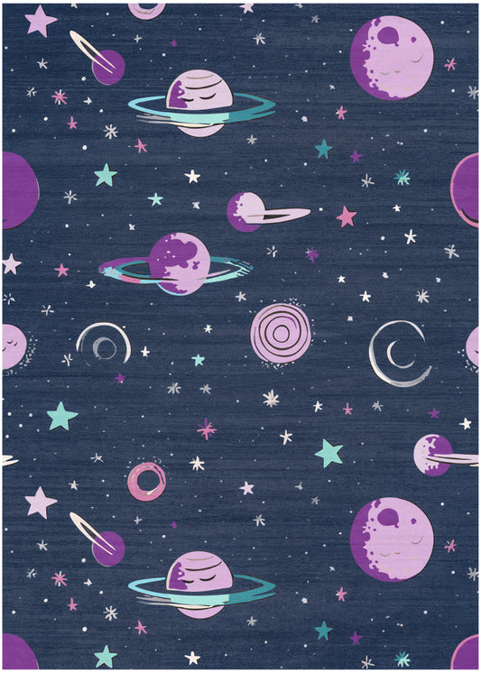 Dark blue space print with pastel pink-purple ringed planets, crescent moons, and multicolored stars.