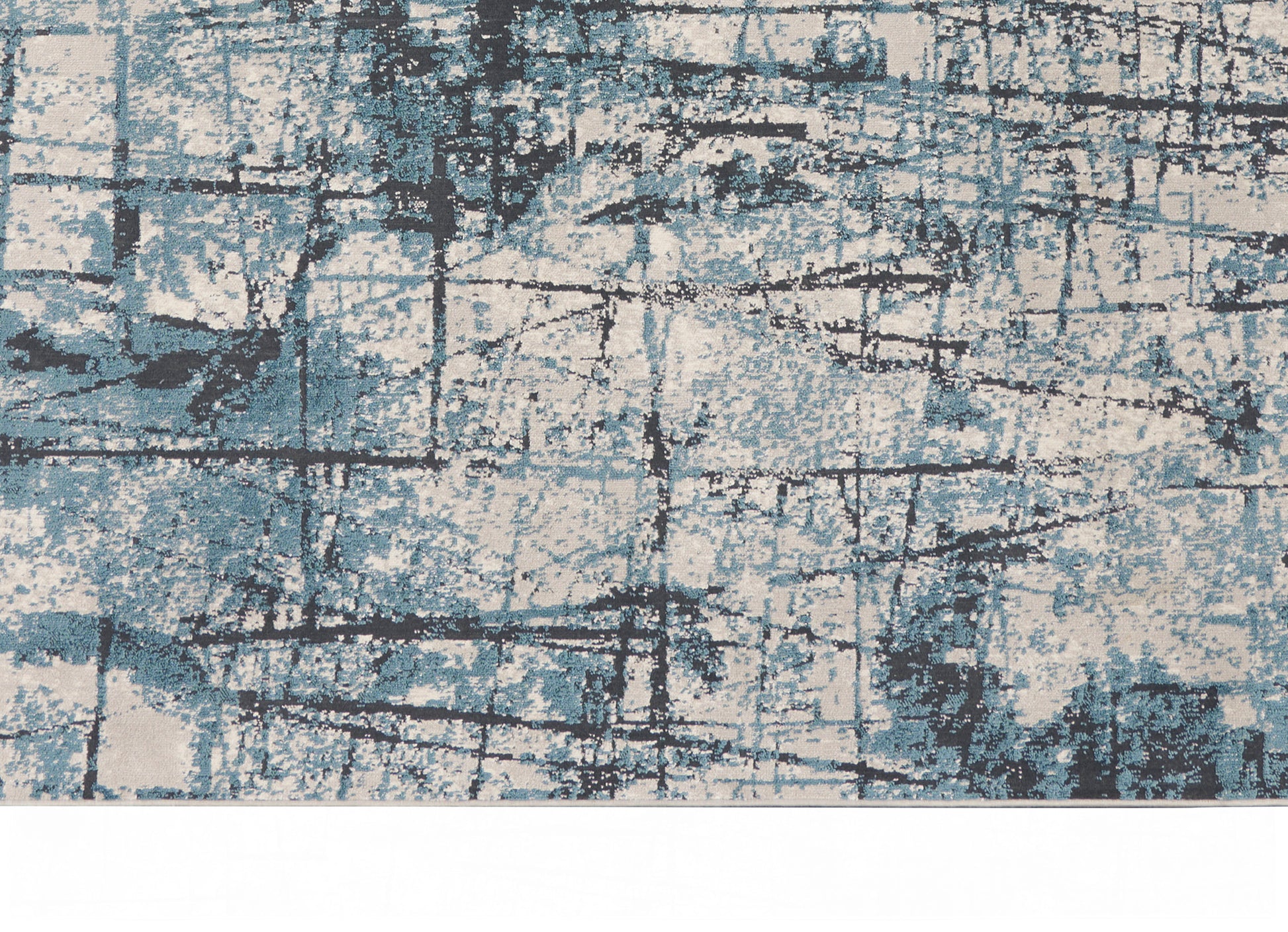 Abstract blue and beige area rug with black grid lines and distressed geometric pattern, modern coastal style.