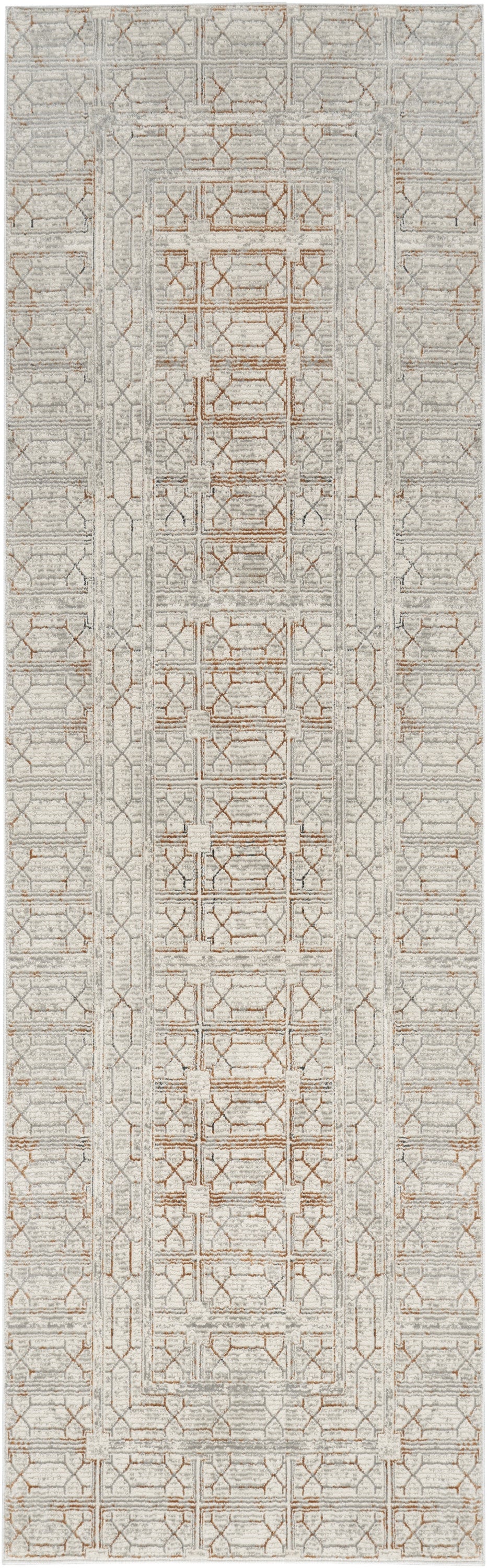Neutral-toned geometric runner rug in soft grey with beige lattice pattern; woven texture, ideal for hallways.