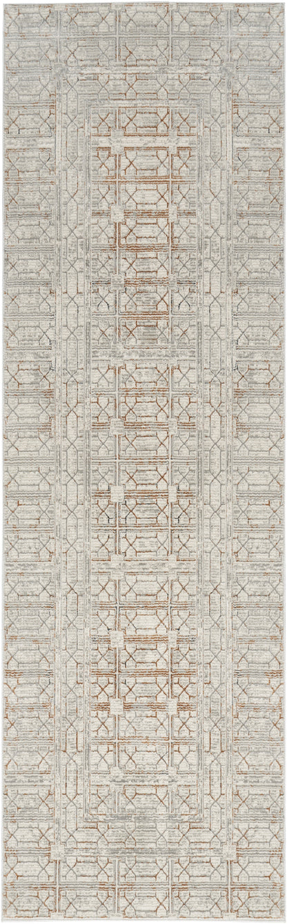 Neutral-toned geometric runner rug in soft grey with beige lattice pattern; woven texture, ideal for hallways.