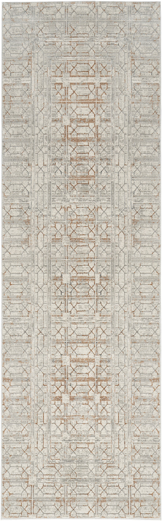 Neutral-toned geometric runner rug in soft grey with beige lattice pattern; woven texture, ideal for hallways.