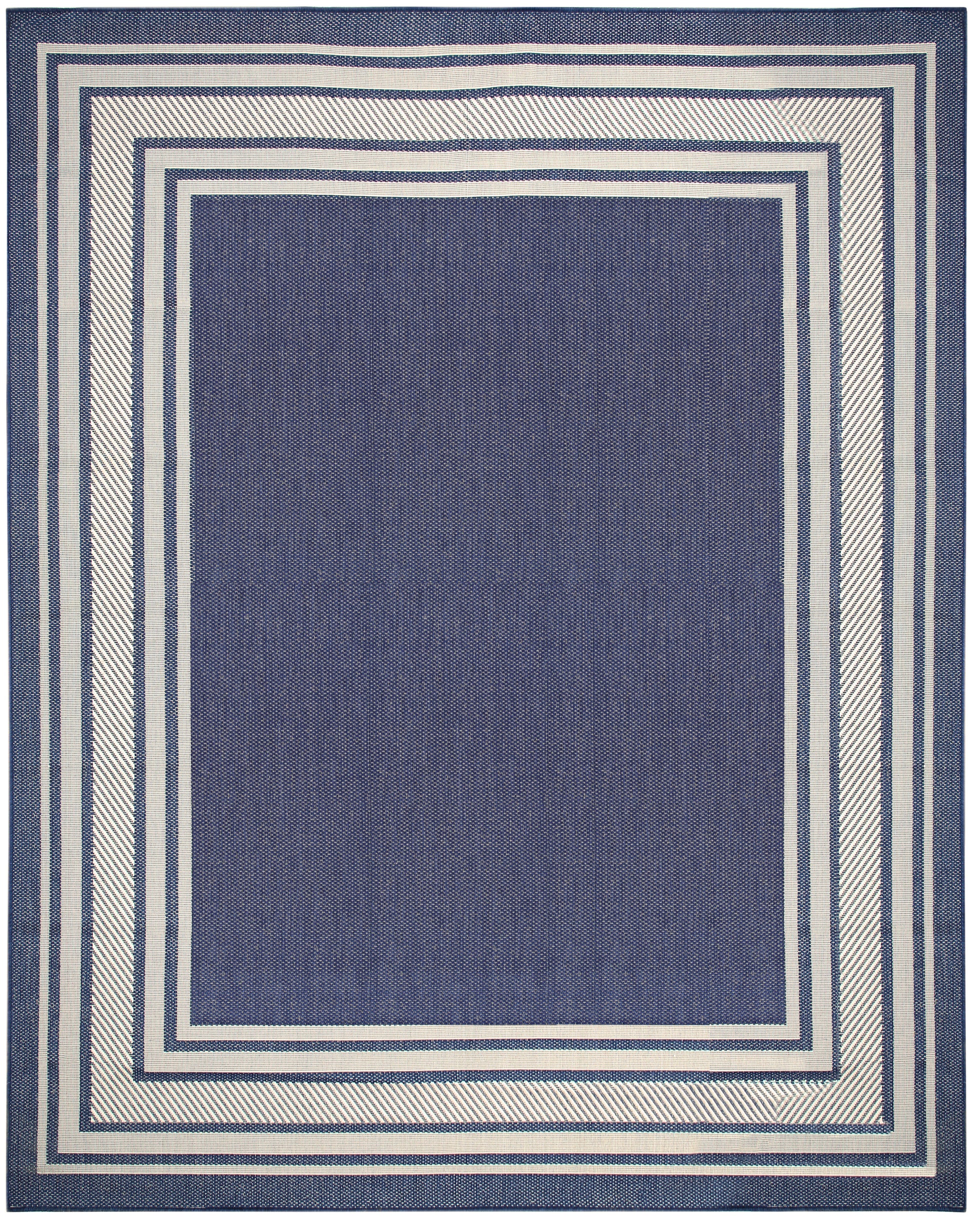Navy blue rug with a solid center and cream-beige rectangular borders forming a geometric frame.