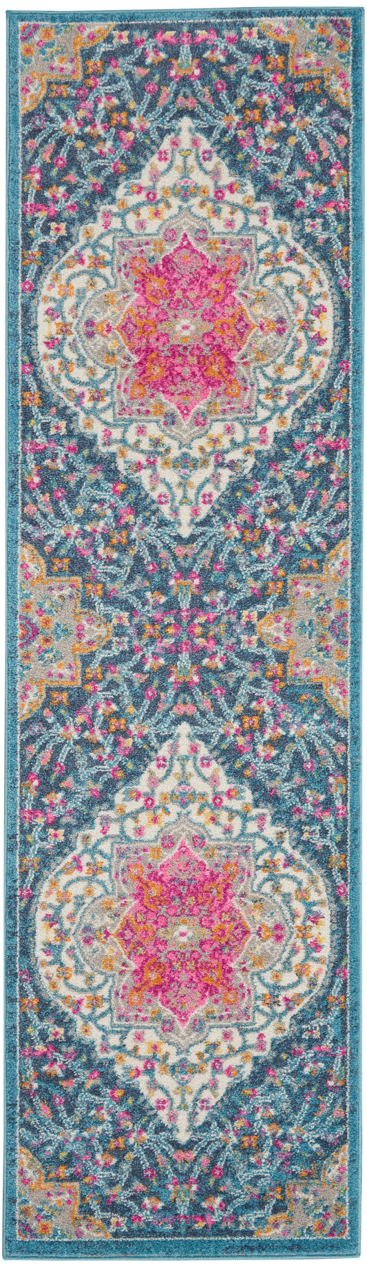 Long oriental-style rug runner with teal border, pink and magenta medallions, ivory floral motifs, and a vibrant multicolor pattern.