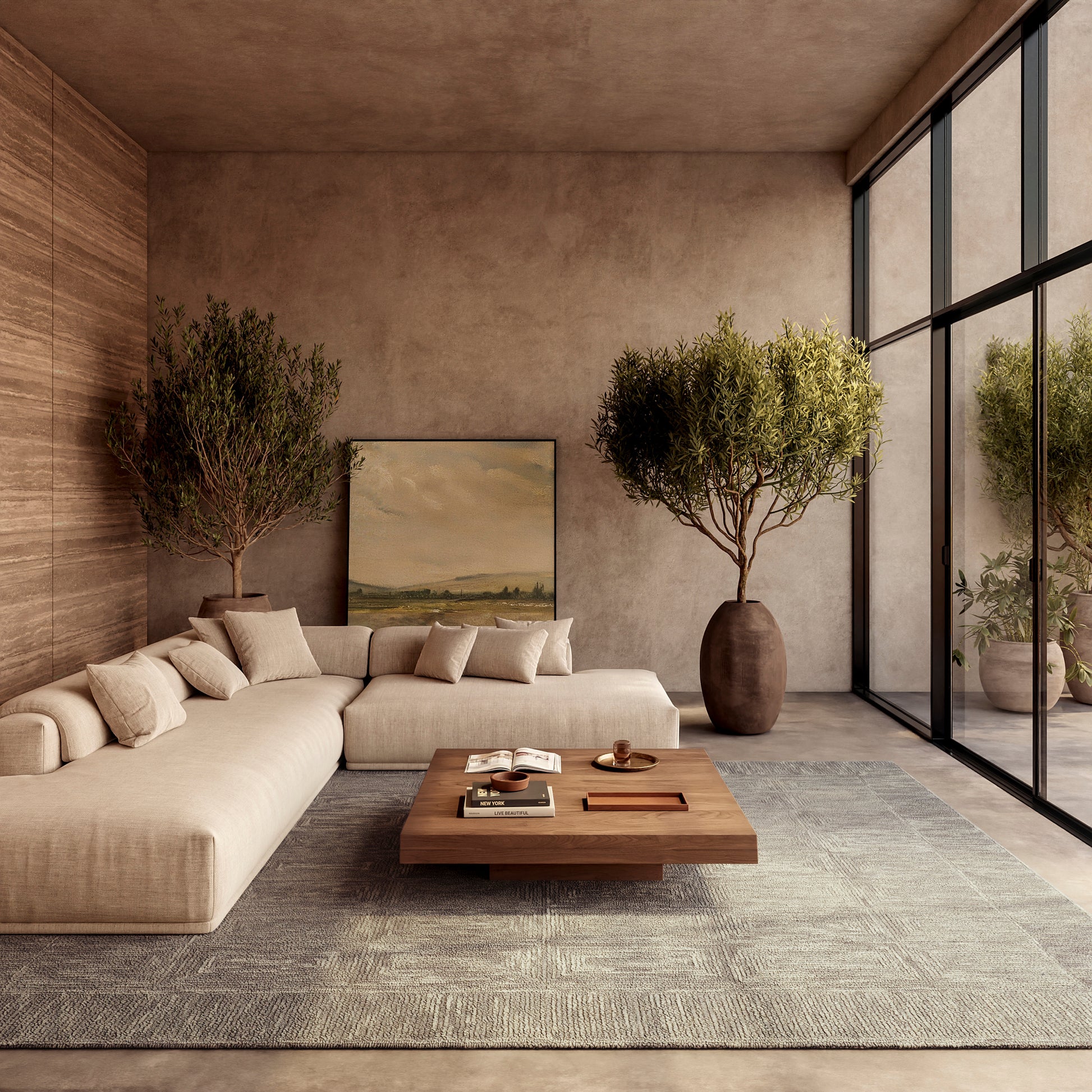 Neutral beige 8' x 10' area rug in a modern living room setting, with seating, a coffee table, glass walls and greenery.