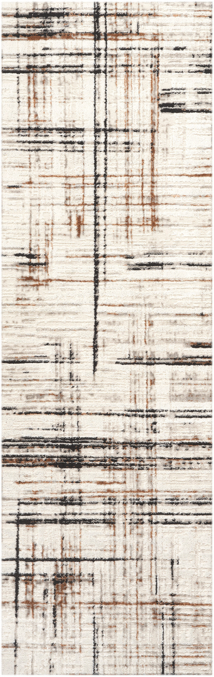 Abstract striped rug with cream base and black and brown lines; modern geometric pattern, soft textured textile.