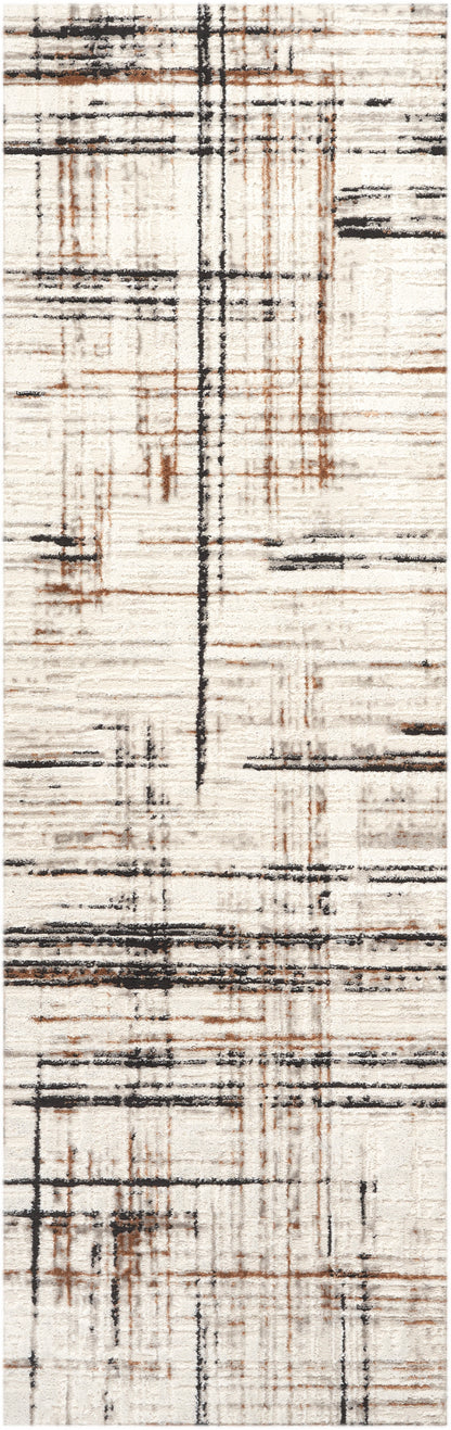 Abstract striped rug with cream base and black and brown lines; modern geometric pattern, soft textured textile.