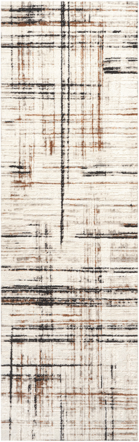 Abstract striped rug with cream base and black and brown lines; modern geometric pattern, soft textured textile.