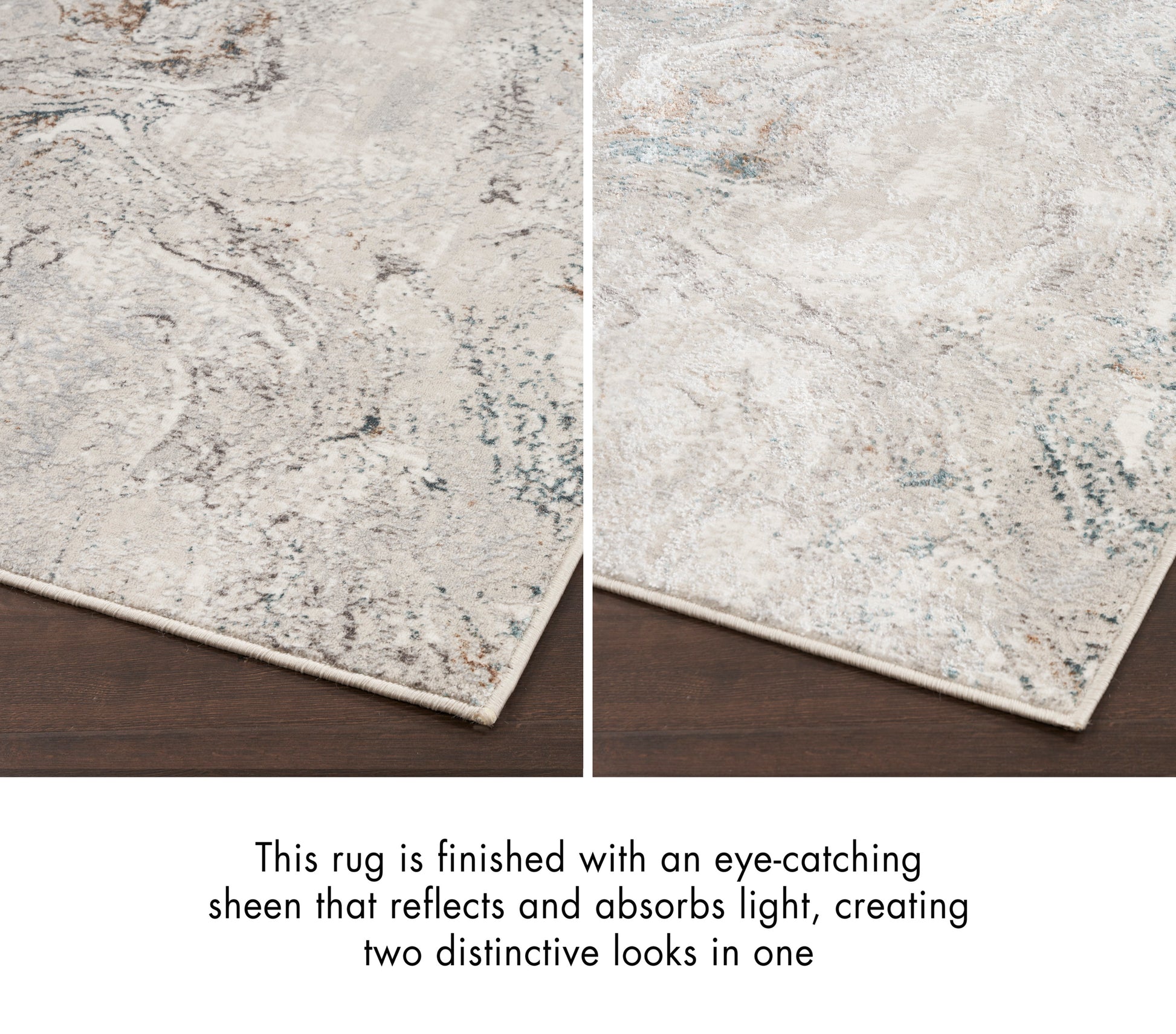 Abstract beige-gray rug with pale blue marbling, fringed edge and two-tone sheen.
