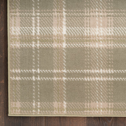 Olive, cream and beige plaid area rug with light border, rectangular woven texture on dark wood floor.