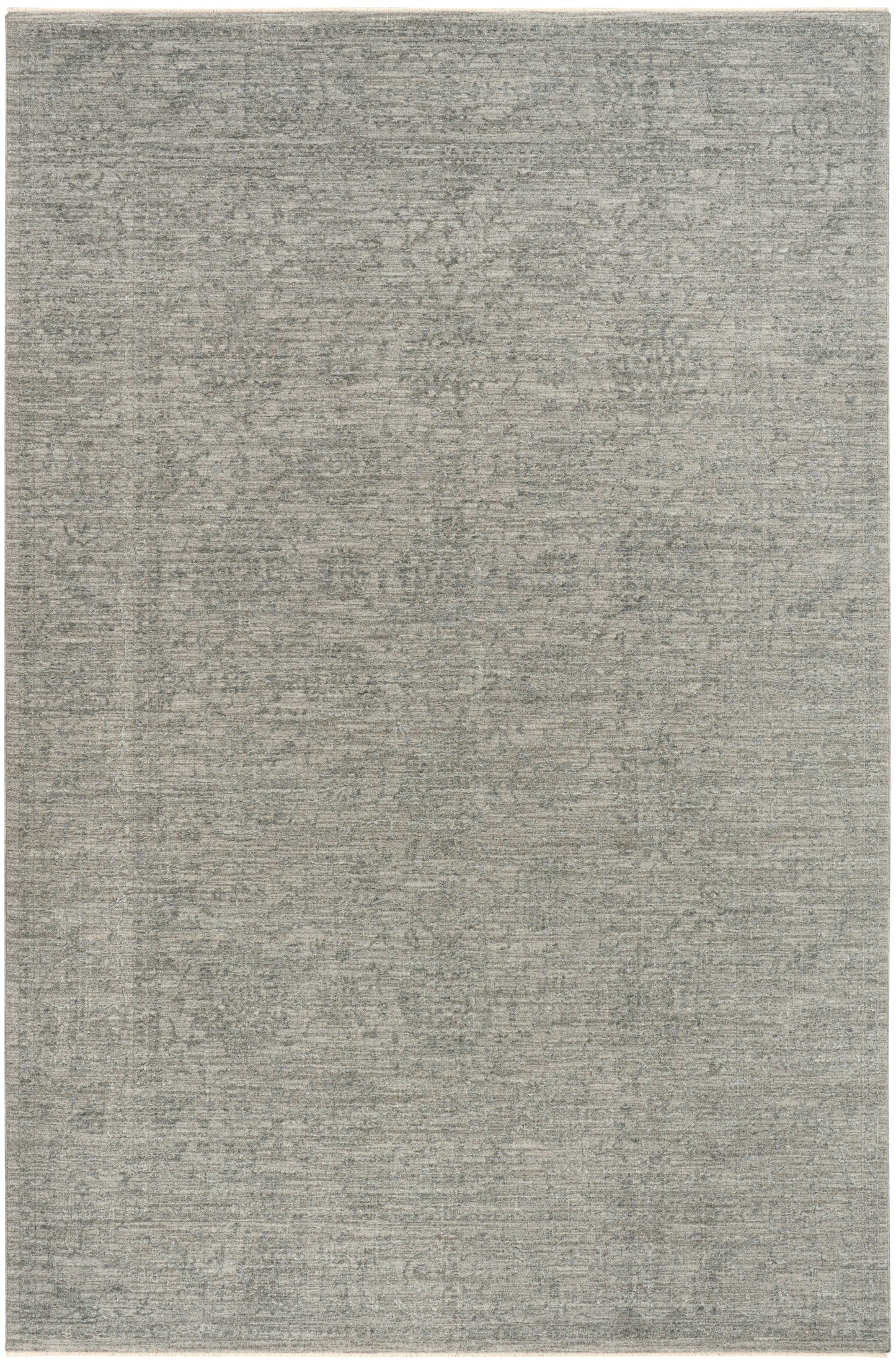 Rectangular grey distressed-pattern area rug with subtle antique design, low-pile, versatile living room accent.