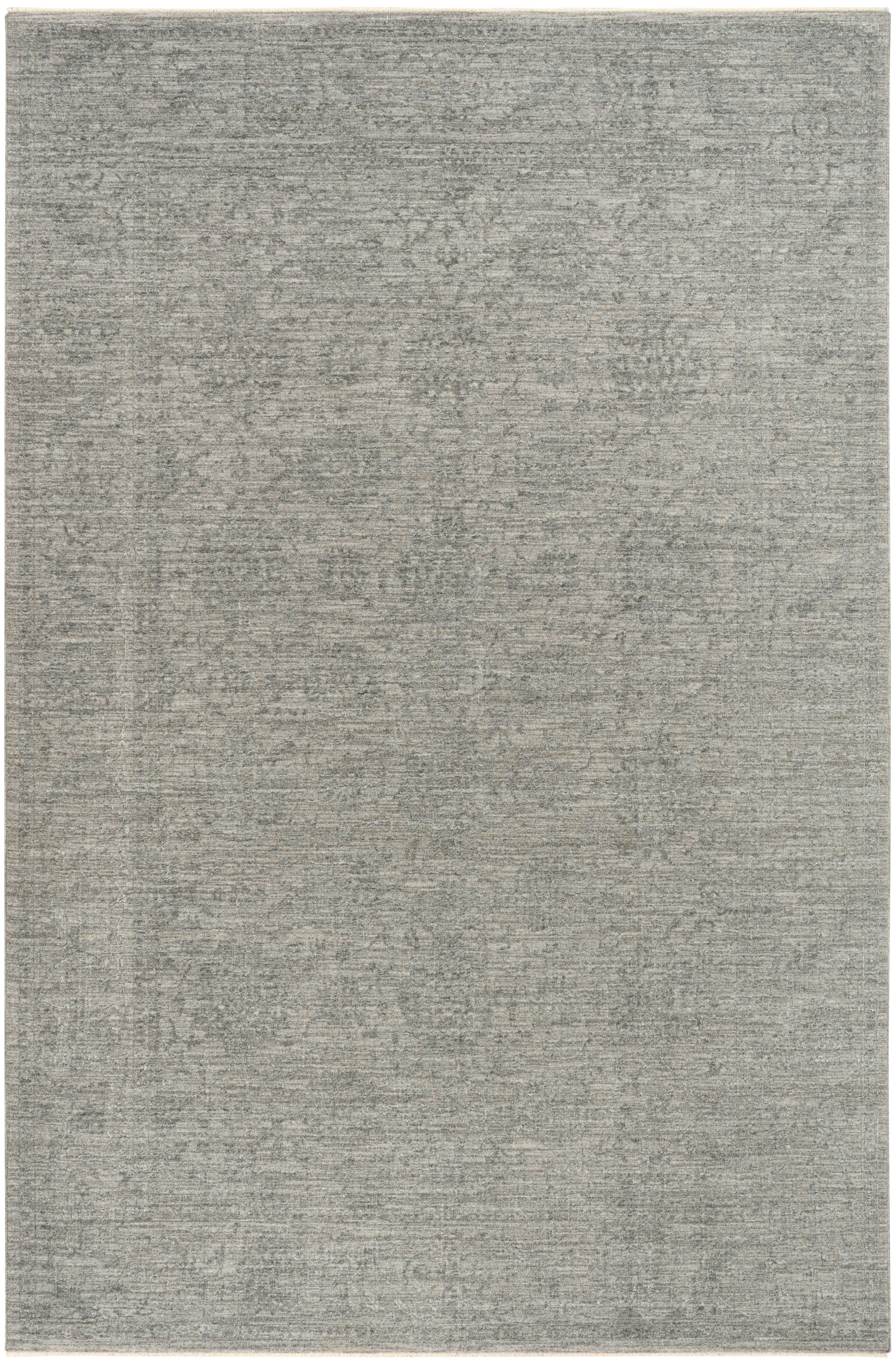 Rectangular grey distressed-pattern area rug with subtle antique design, low-pile, versatile living room accent.