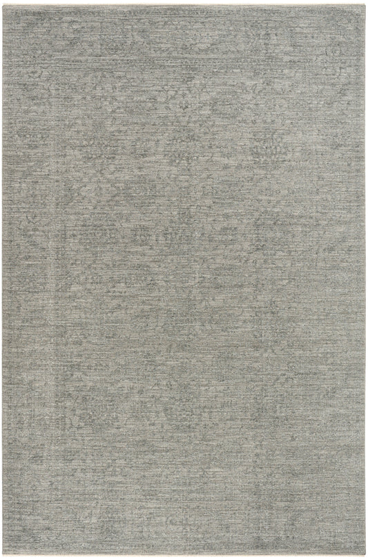 Rectangular grey distressed-pattern area rug with subtle antique design, low-pile, versatile living room accent.