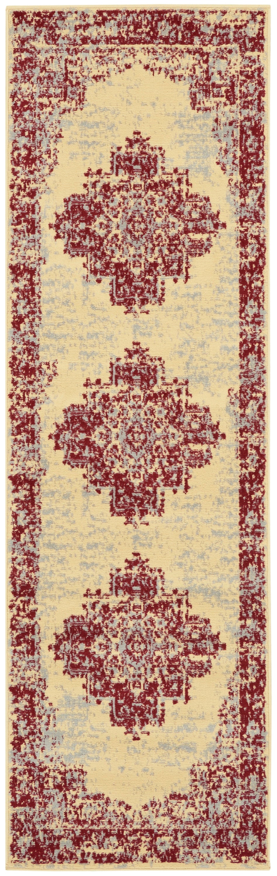 Long runner rug with ivory field and red oriental medallions, burgundy border, vintage kilim-inspired decor.