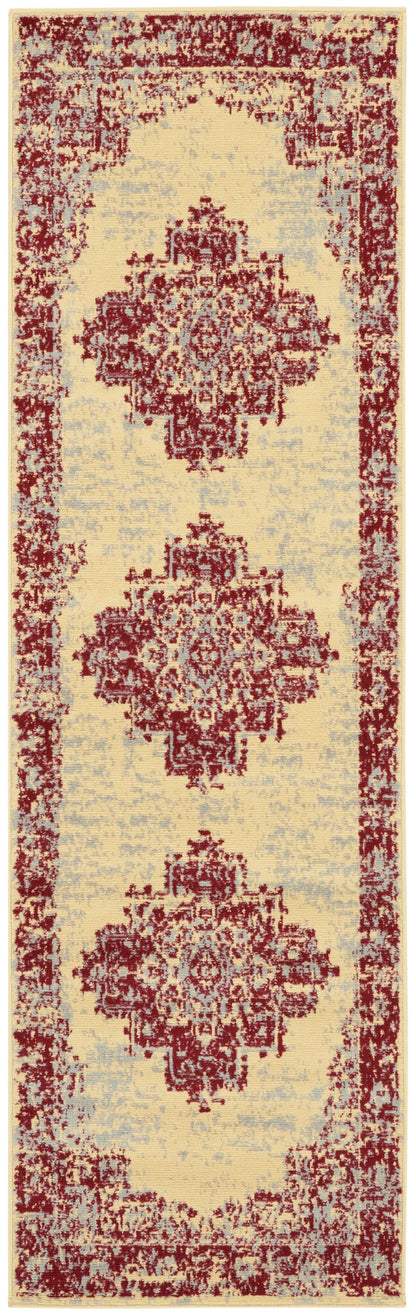 Long runner rug with ivory field and red oriental medallions, burgundy border, vintage kilim-inspired decor.