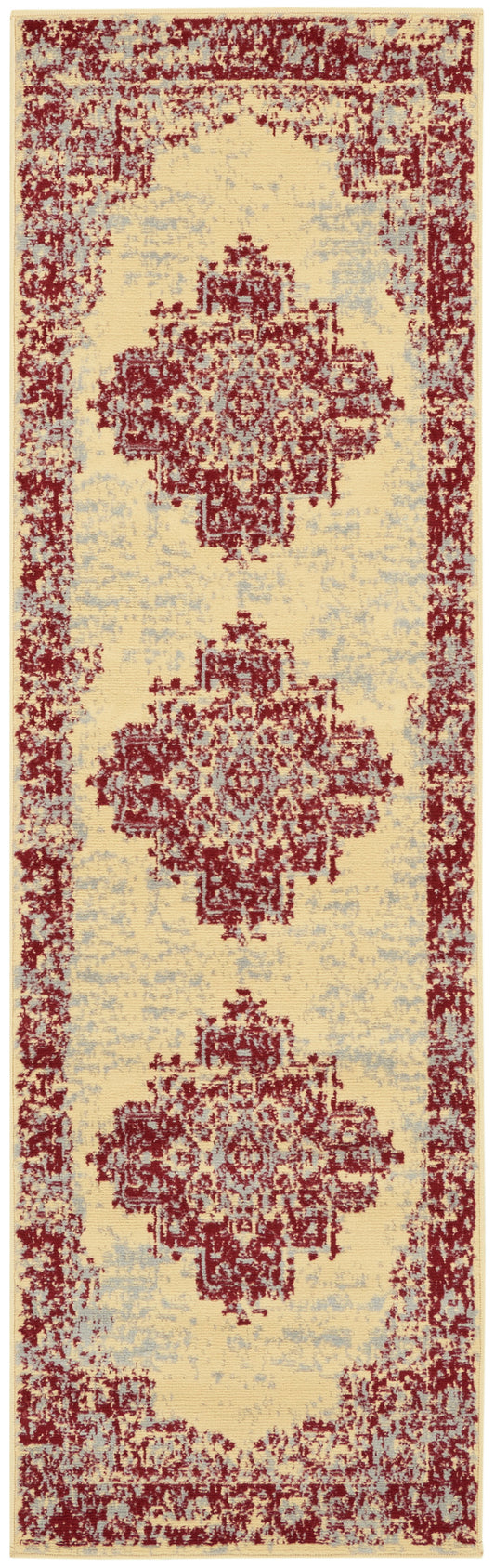Long runner rug with ivory field and red oriental medallions, burgundy border, vintage kilim-inspired decor.