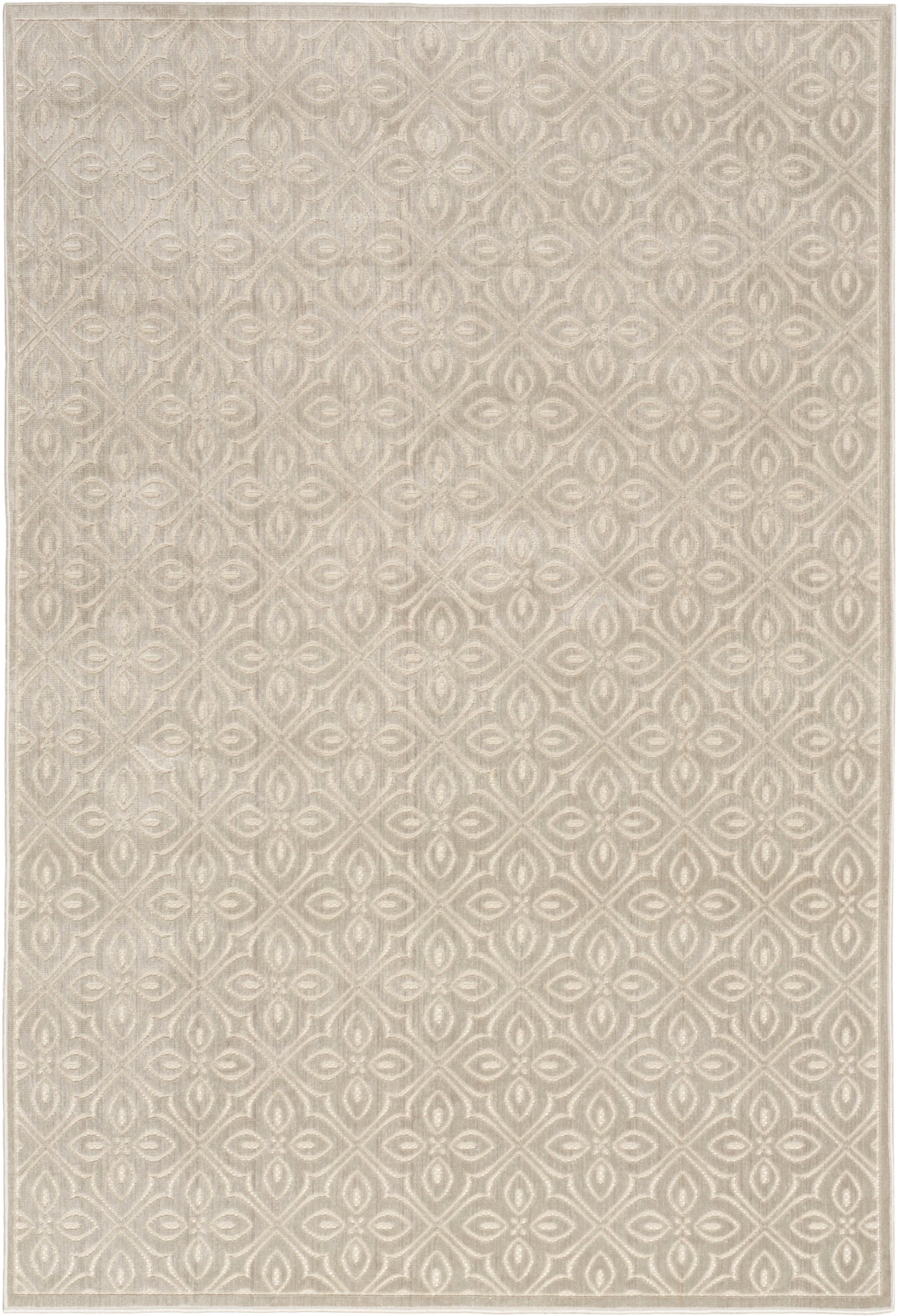 Cream-beige patterned area rug with a subtle geometric lattice motif and light border; soft woven texture.