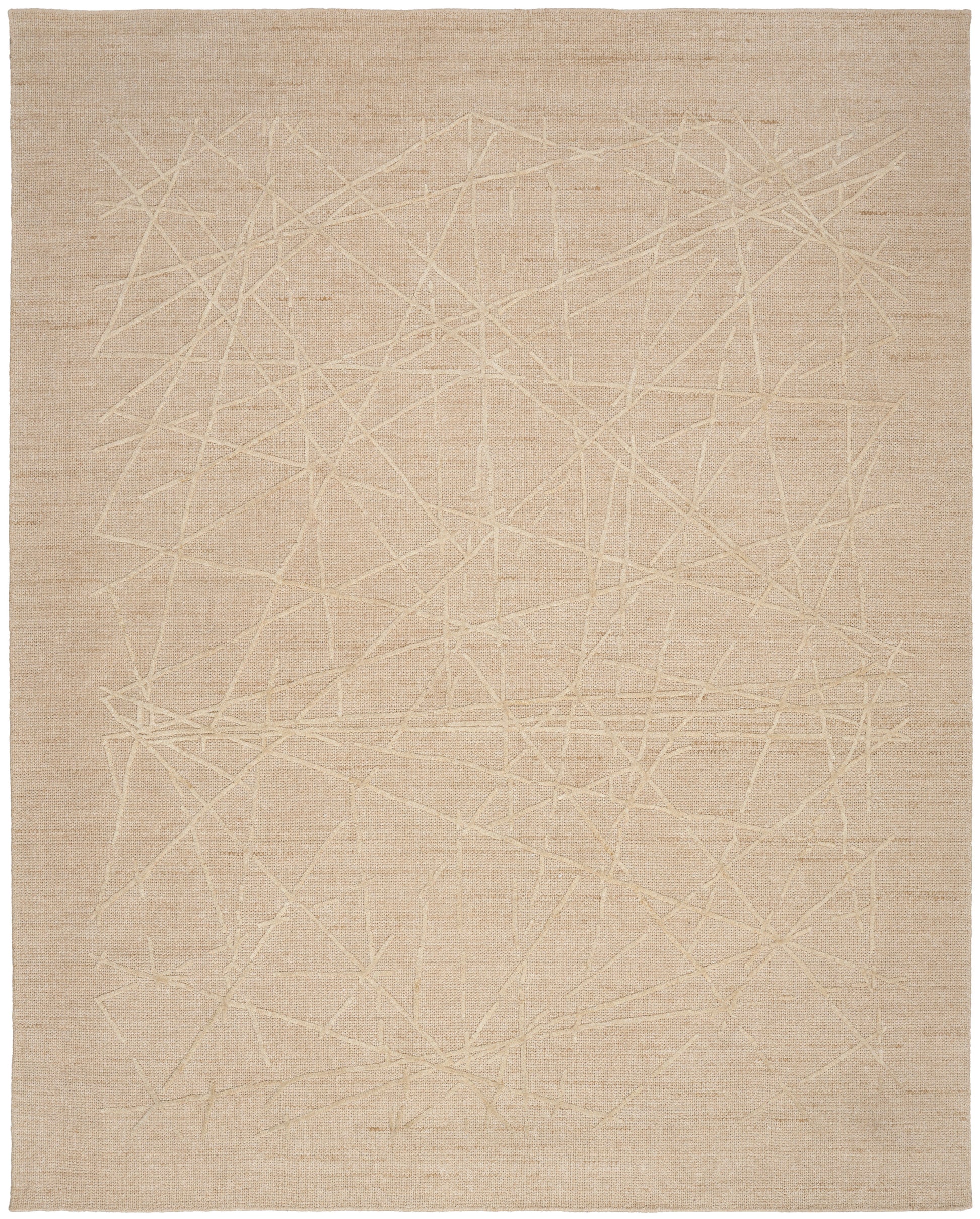 Rectangular beige woven rug with subtle pale cream geometric line pattern across the surface.