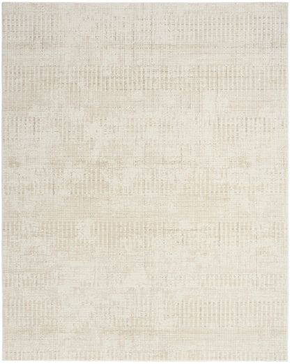 Beige rectangular area rug with a distressed, grid-like pattern in cream tones; soft woven texture.