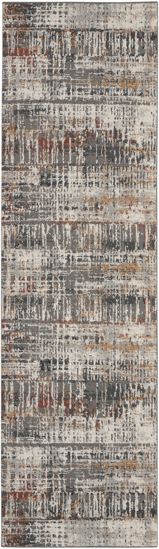Rectangular abstract runner rug in gray, cream, rust and orange with a distressed pattern for modern living spaces.