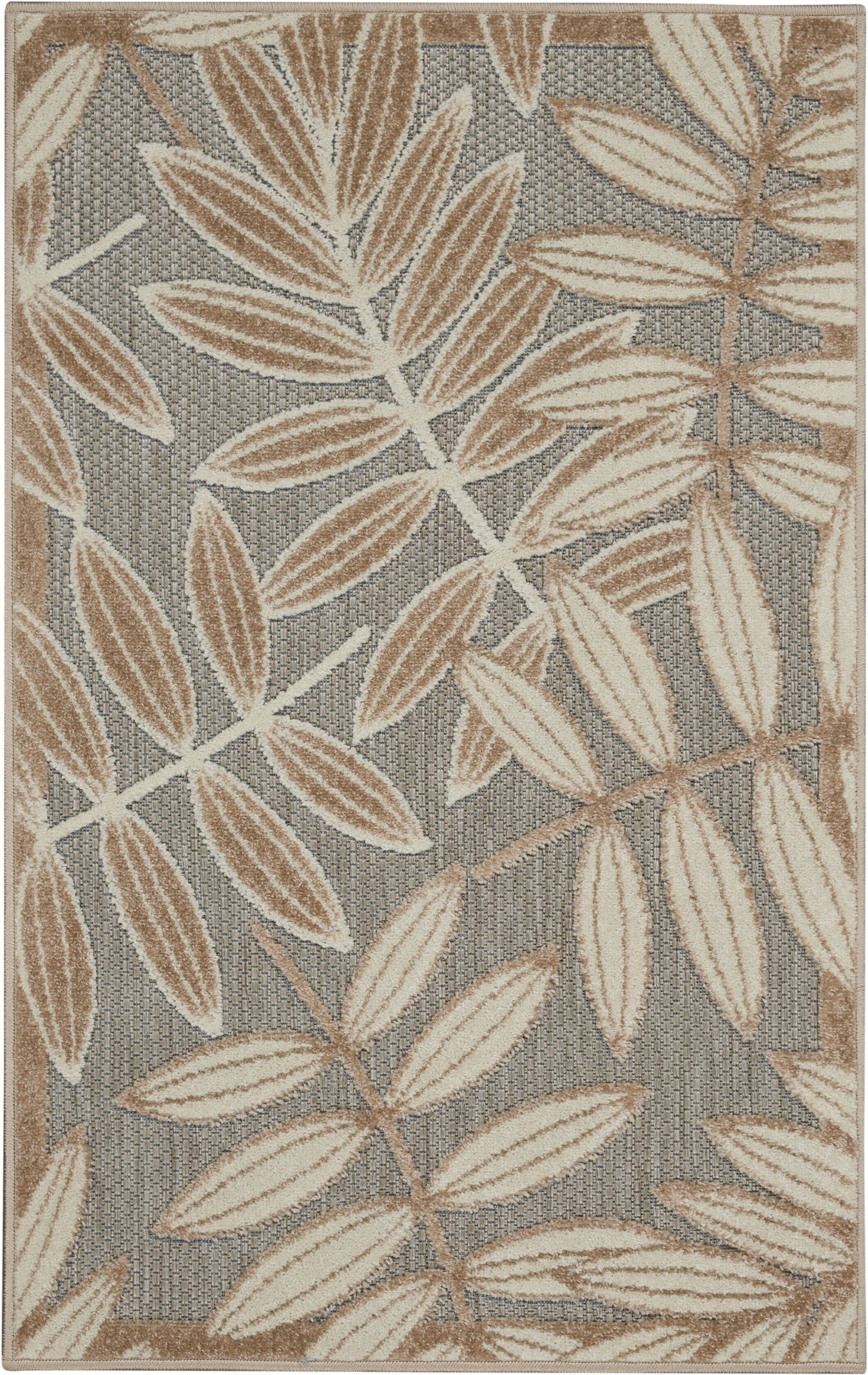 Rectangular area rug featuring beige leaves on a gray woven background; neutral botanical pattern.