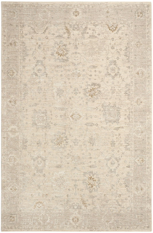 Neutral beige distressed oriental rug with pale floral motifs and a light border.