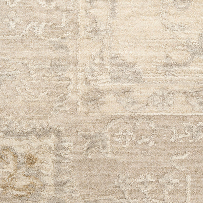 Beige oriental rug with subtle cream & taupe floral medallion pattern; plush, textured pile.