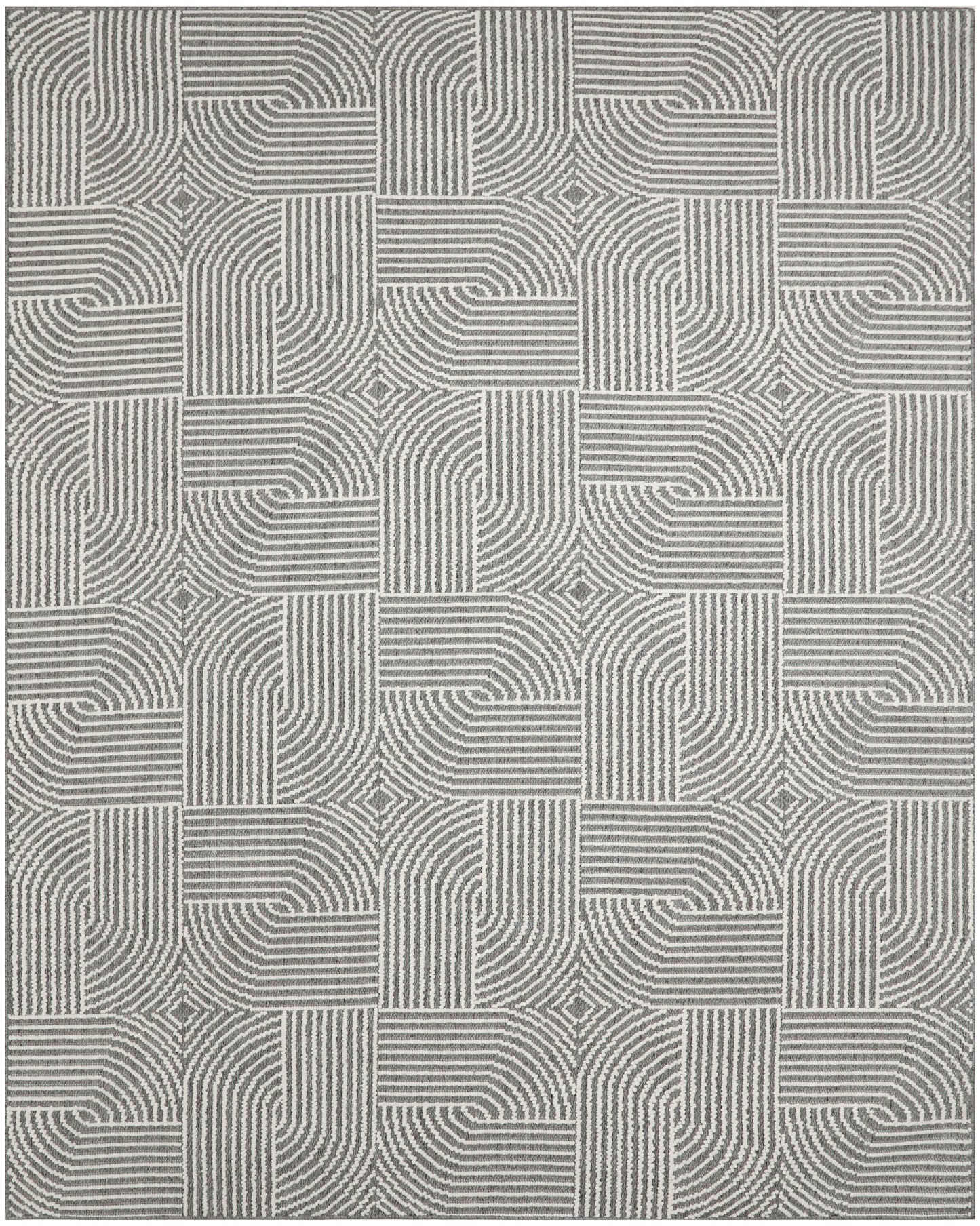 Gray and ivory geometric area rug with interlocking squares of concentric lines; woven, modern textured pattern.
