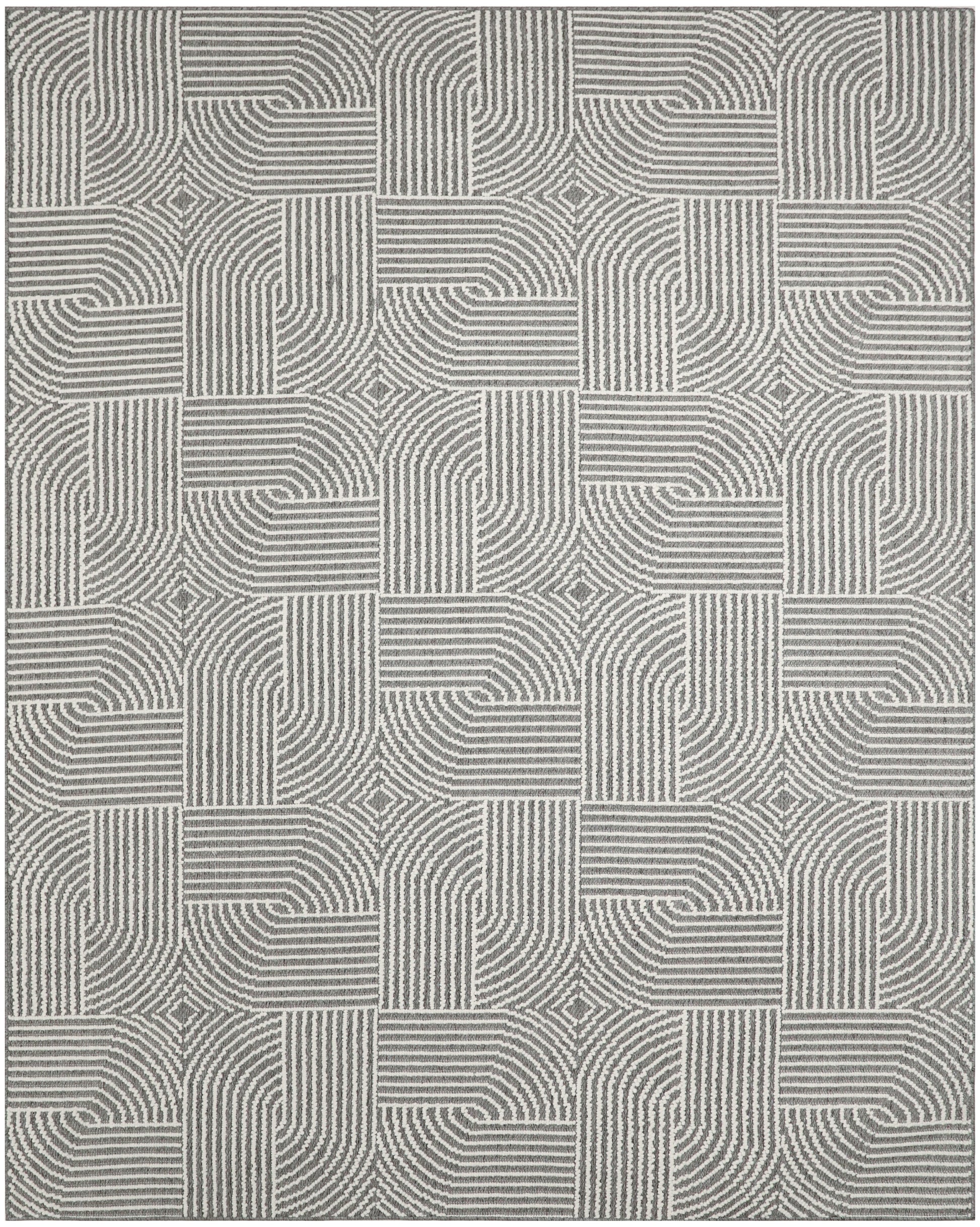 Gray and ivory geometric area rug with interlocking squares of concentric lines; woven, modern textured pattern.