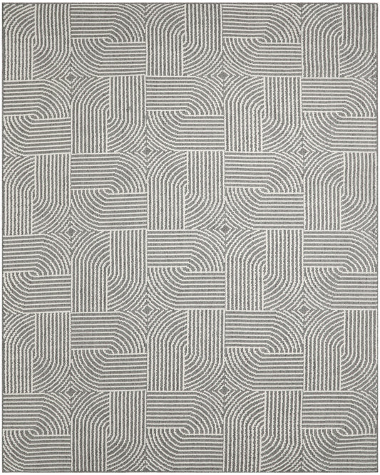 Gray and ivory geometric area rug with interlocking squares of concentric lines; woven, modern textured pattern.