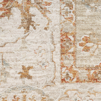 Beige oriental rug with cream and rust patterns, featuring a floral border and faded motifs.
