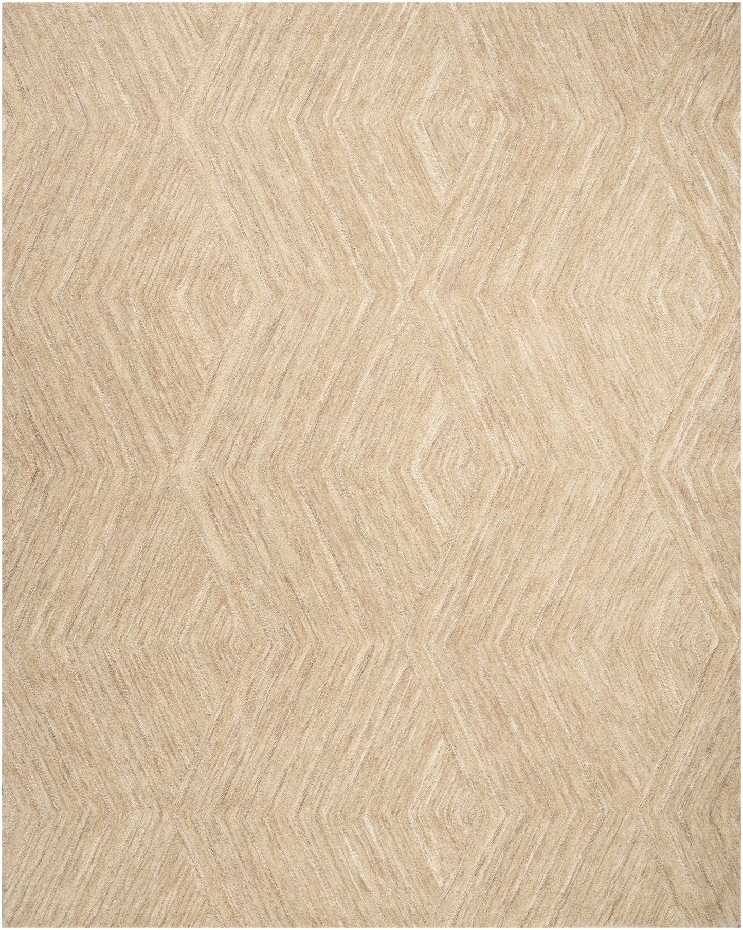 Beige woven rug with a repeating diamond chevron geometric pattern in warm tan tones.