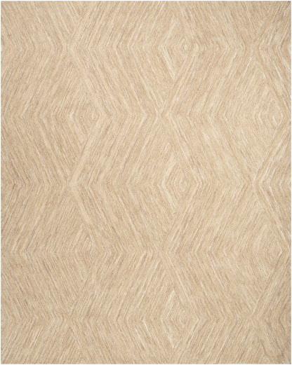 Beige woven rug with a repeating diamond chevron geometric pattern in warm tan tones.
